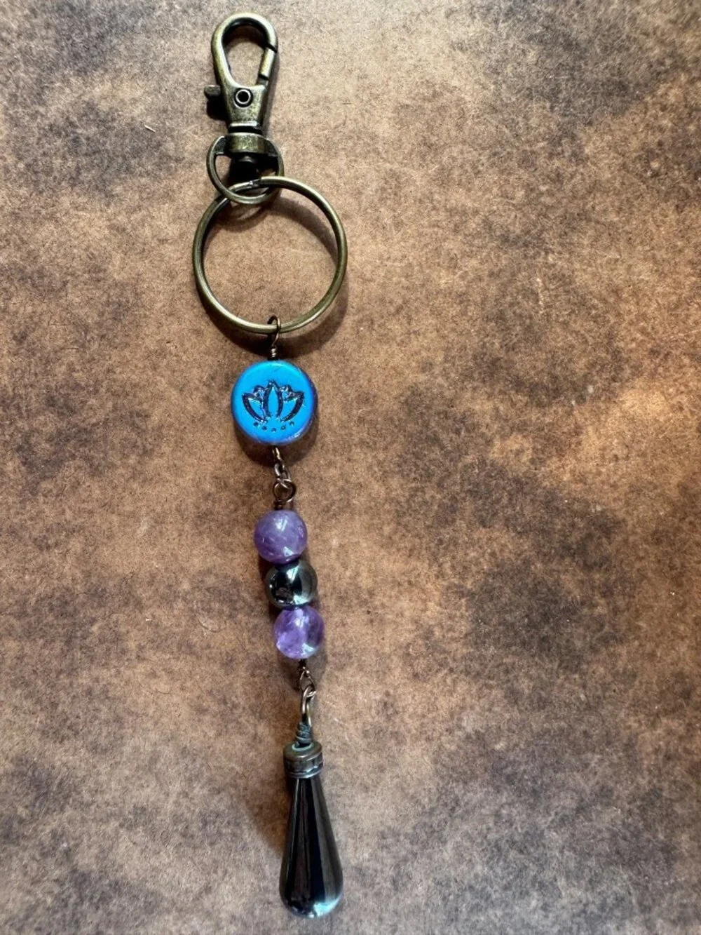 Boho purse, charm keychain with hematite and amethyst